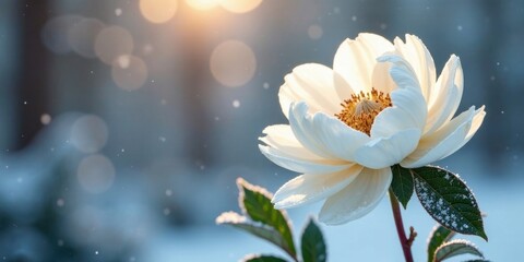 A Delicate White Flower, Frost-Kissed Petals Glowing in the Soft Light of a Winter Dawn