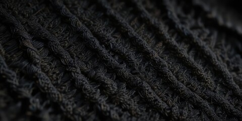 Fototapeta premium Close-up view of intricate knit stitch on black fine knit fabric showcasing the depth of the fabric's weave, fabric weave details, yarn weave, textured knit