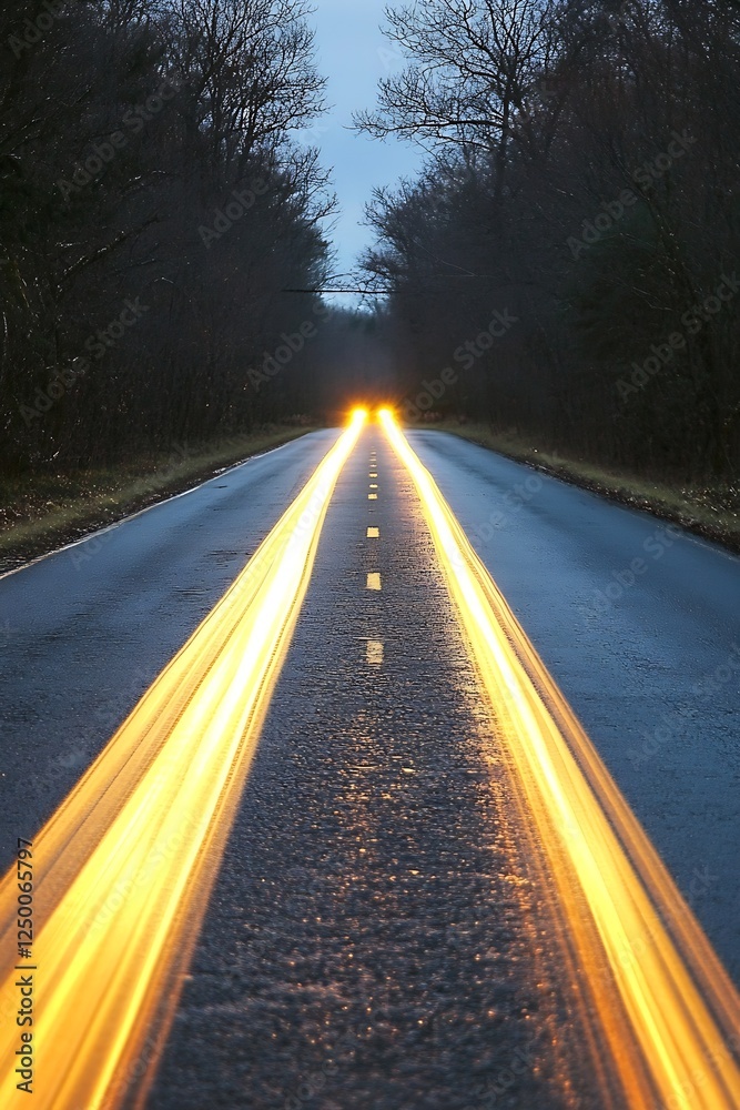 Aufkleber long exposure shot capturing light trails of a car on a quiet road surrounded by trees at dusk : gen