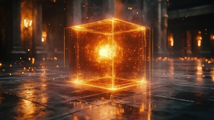 Glowing orange cube emanating energy in a mystical, ancient stone hall with flickering lights