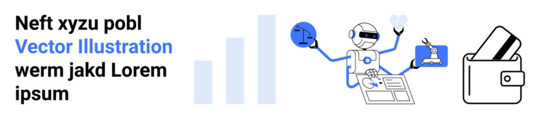 Robot performs various tasks, holding laptop and interacting with charts, alongside digital wallet and placeholder text. Ideal for automation, finance, productivity, technology, digital tools