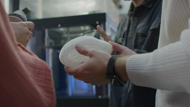 Colleagues discuss sports shoe sole prototype during product development