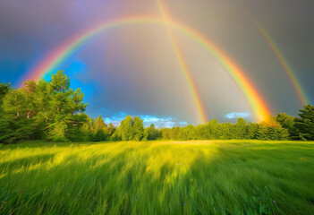 Naklejka premium beautiful sky with a glowing rainbow over fields 