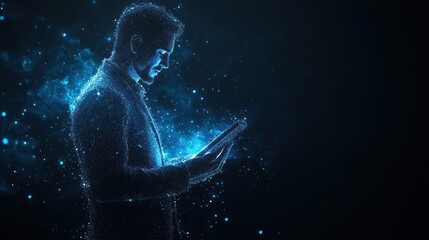 Fototapeta premium Glowing businessman using tablet, digital transformation concept.