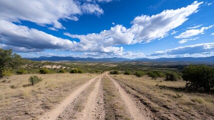 Fototapeta premium Serene Mountain Landscape with Dirt Road under a Bright Blue Sky and Fluffy Clouds : Generative AI