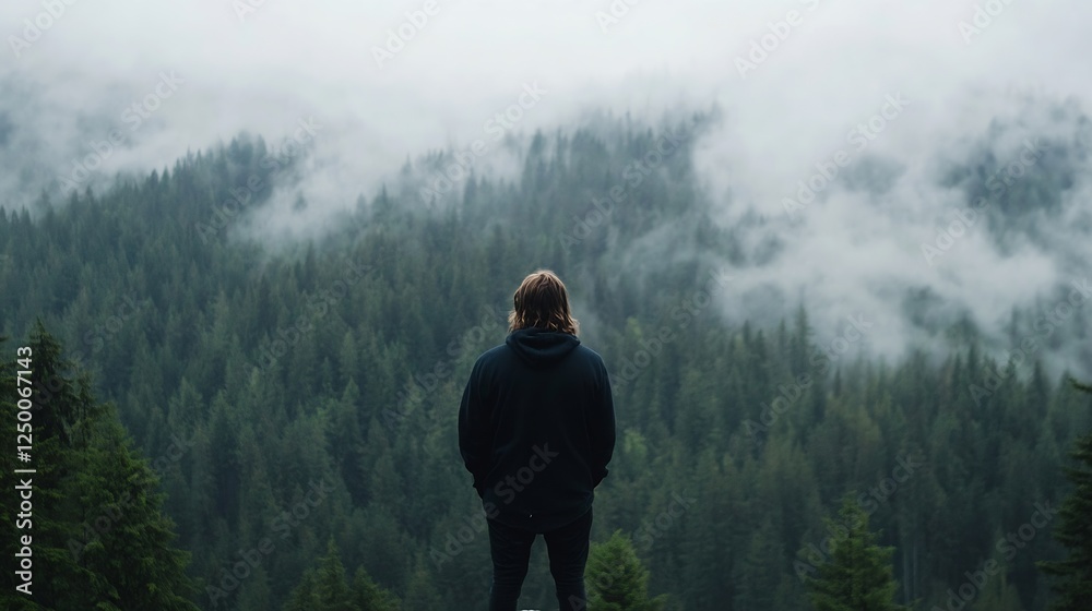Aufkleber Man Standing in Front of Majestic Forest with Fog and Pine Trees in Lush Green Landscape : Generative AI