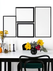 Modern Minimalist Home Decor with Empty Frames and Vibrant Flowers