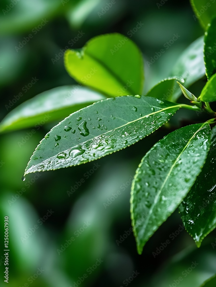 Poster close up of fresh green leaves with water droplets creating a refreshing natural vibe : generative a