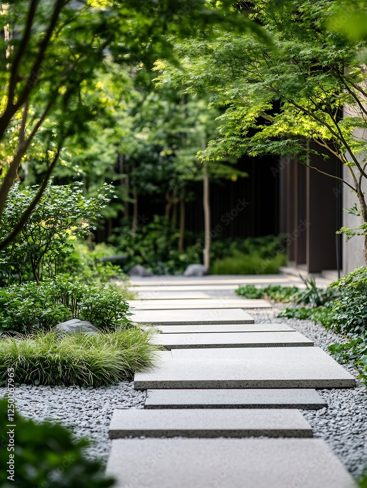 Poster beautiful stone pathway through lush green garden creating a calm and inviting outdoor space : gener