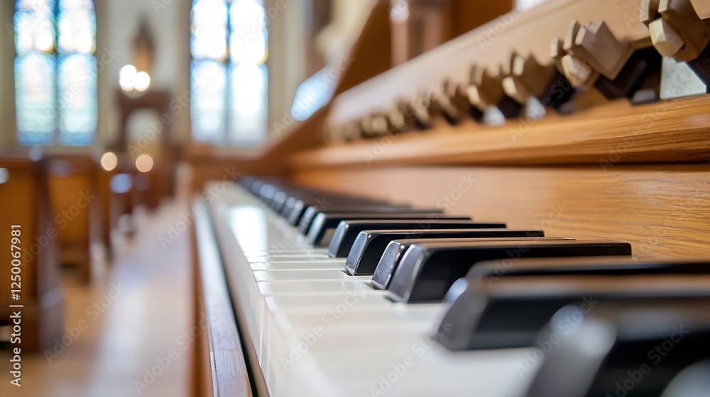 Aufkleber close up of a church organ showing keys with blurred background for music and worship themes : gener