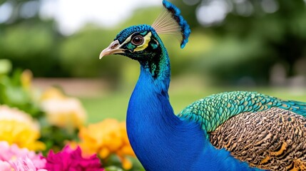 Majestic Peacock Displaying Vibrant Feathers in Floral Garden