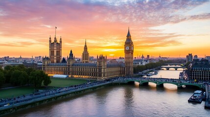Naklejka premium Majestic View of Big Ben and Houses of Parliament at Sunset Over the River Thames : Generative AI