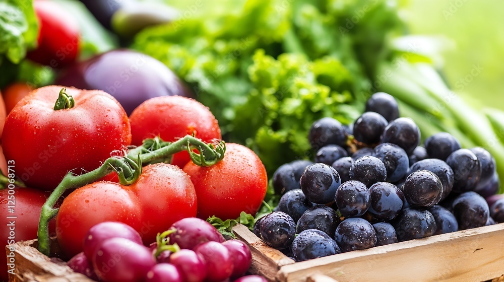 Aufkleber freshly harvested organic vegetables and berries displayed on rustic table : generative ai