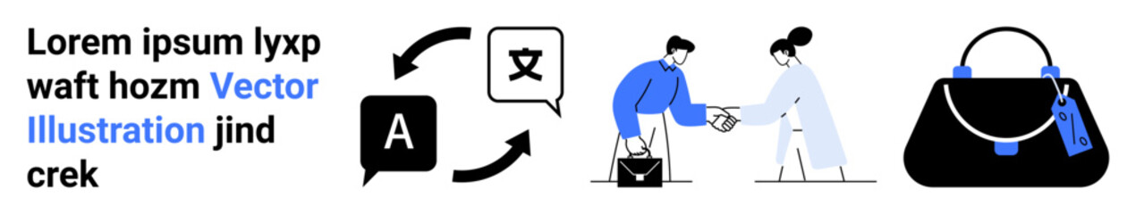 Language translation icons, two individuals exchanging items in business attire, luxury handbag close-up. Ideal for e-commerce, technology, communication, global collaboration, trade, retail flat © robu_s