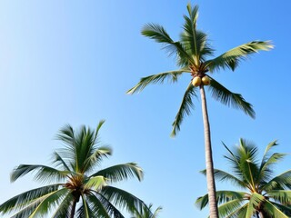 Coconut tree with green leaves standing tall against a white background, botany, flora
