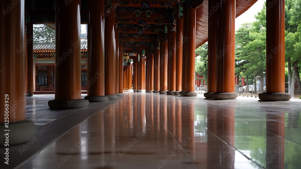 Poster elegant architecture with tall wooden columns in serene traditional environment : generative ai