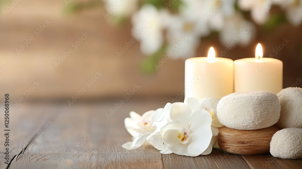 Leinwandbilder relaxing spa setup with candlelight and white orchids on a rustic wooden table : generative ai