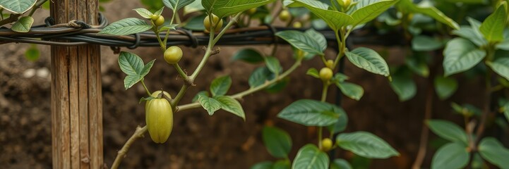Coffee bean seedlings growing on a trellis or support, forest seedlings, coffee seedlings
