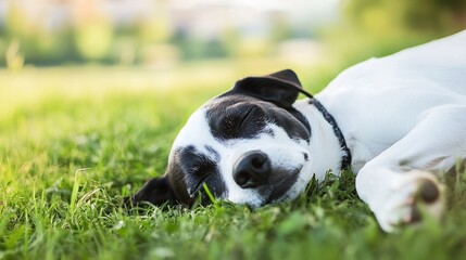 Peaceful Sleeping Dog in Nature Relaxing on Green Grass in Sunny Day : Generative AI