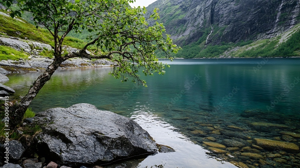 Poster tranquil lake surrounded by lush green mountains and a tree on the shore : generative ai