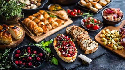Delicious assortment of gourmet snacks and appetizers on wooden table with fresh ingredients and vibrant colors : Generative AI