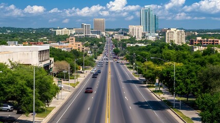 Obraz premium Vibrant Cityscape Overlooking a Bustling Urban Road Under a Blue Sky : Generative AI