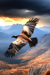 Fototapeta premium Witness the breathtaking beauty of an eagle soaring above rugged mountains, showcasing its powerful wings against a dramatic sky, embodying freedom and the spirit of nature.