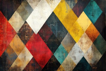 Colorful geometric pattern featuring diamond shapes in a distressed texture