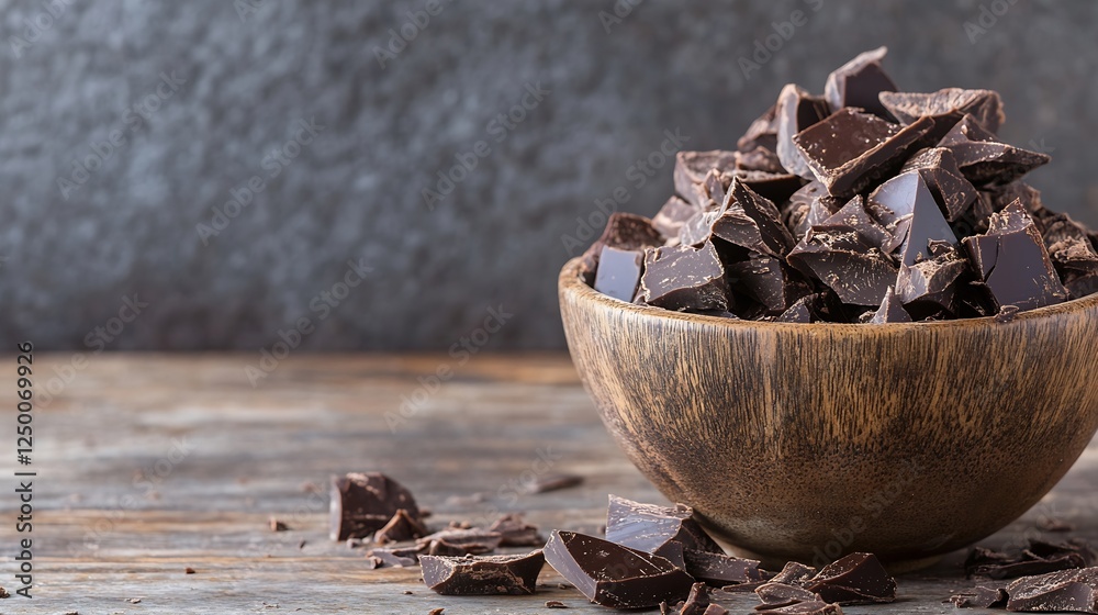 Aufkleber rich dark chocolate chunks piled in a wooden bowl on rustic wooden surface ready for baking : genera