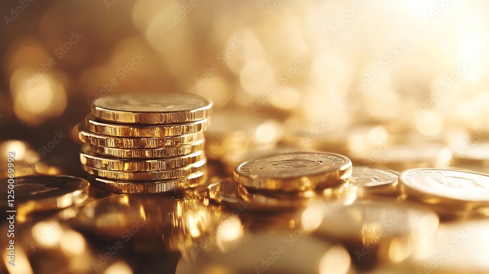 Poster piles of gold coins glimmering under soft light creating rich ambiance : generative ai