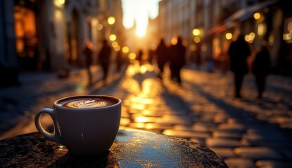 Sunset Cityscape: Enjoying Latte Art at Dusk, Golden Hour Ambiance with Cozy Cafe Vibes