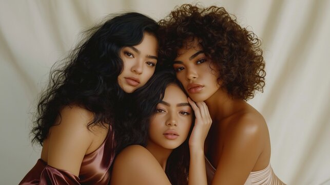 Three stunning women of varied ethnicities embrace their beauty in a fashion editorial adorned in elegant satin and silk dresses, united against a soft white backdrop