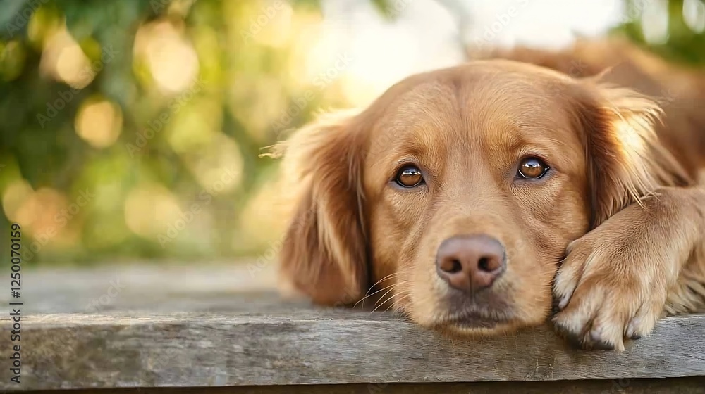 Poster golden labrador dog relaxing on a sunlit surface with gentle nature background : generative ai
