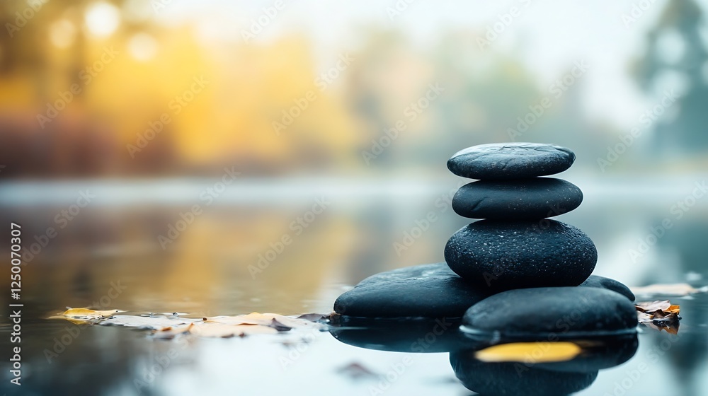 Poster serene stacked black stones in calm water surrounded by autumn foliage and soft mist : generative ai