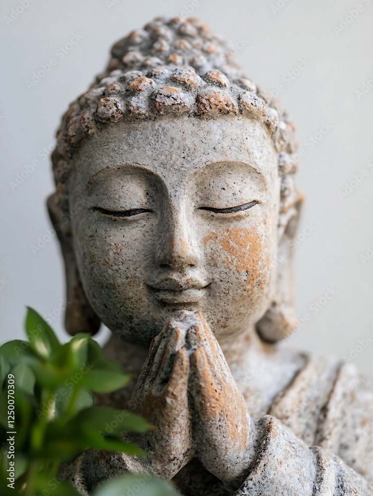 Poster serene buddha statue in meditative pose with praying hands and natural surroundings : generative ai