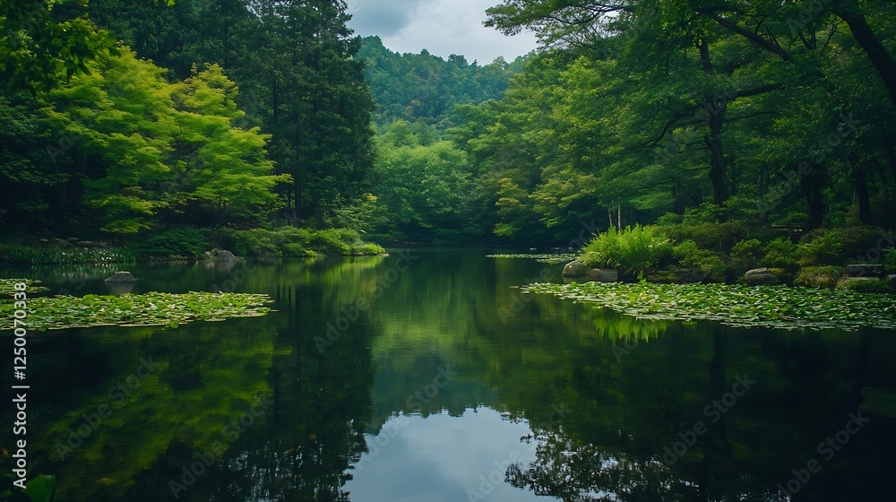 Poster tranquil lake surrounded by lush green trees and vibrant reflections in the water : generative ai