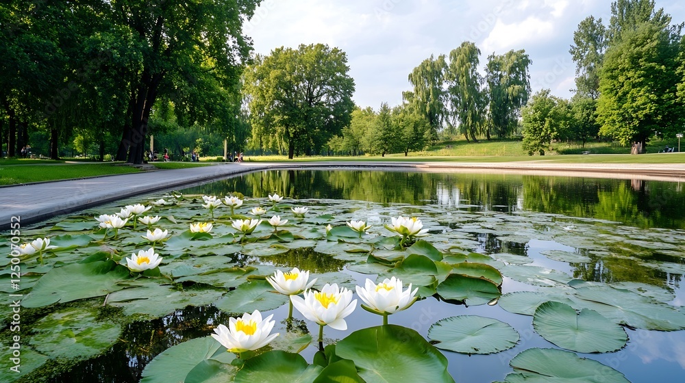 Aufkleber serene water lily blooms on calm lake surface in summer park : generative ai