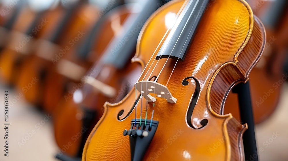 Poster close up of a beautiful violin with rich wood grain and perfect finish in an orchestra setting : gen