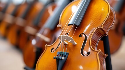 Fototapeta premium Close Up of a Beautiful Violin with Rich Wood Grain and Perfect Finish in an Orchestra Setting : Generative AI
