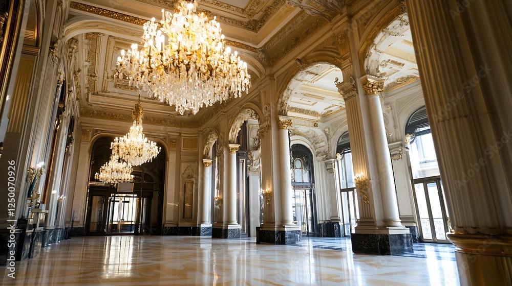 Poster elegant interior of a grand hall showcasing luxurious chandeliers and classical architecture with hi