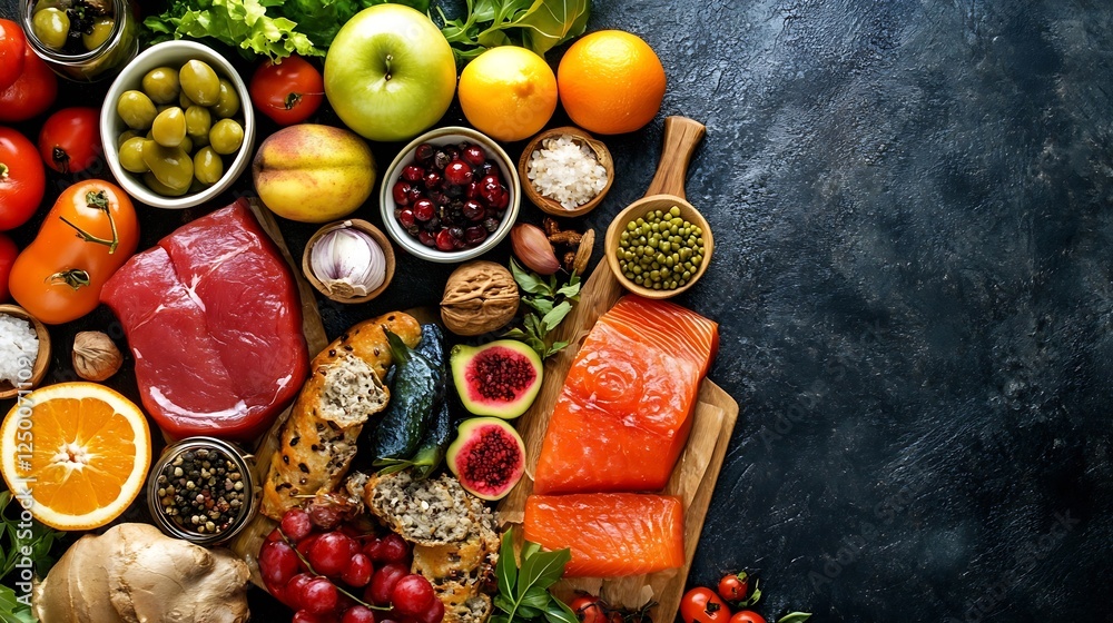 Poster Colorful Arrangement of Fresh Fruits and Vegetables on Rustic Background : Generative AI