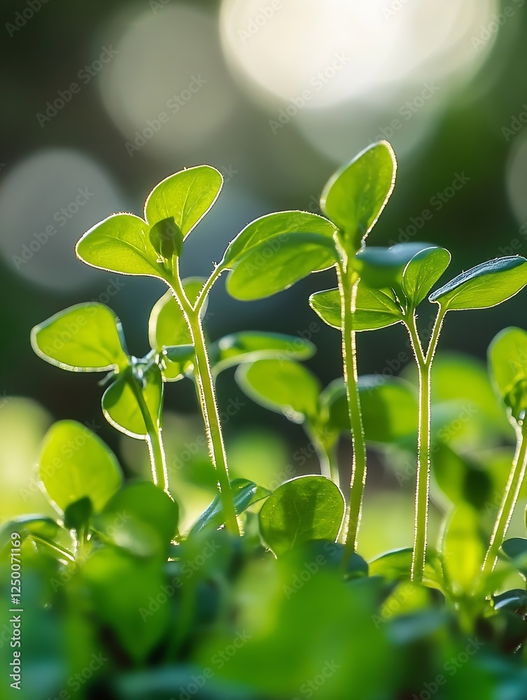 Poster fresh green seedlings sprouting under soft sunlight showcasing growth and renewal in a blurred backg