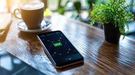Smartphone Showing Green Check Mark on Wooden Table with Coffee