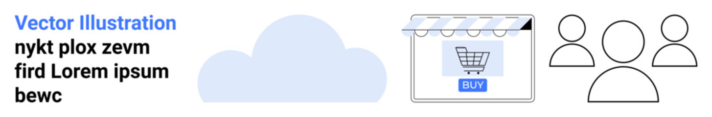 E-commerce store interface with a shopping cart under a canopy, cloud storage illustration, and user profile icons. Ideal for digital retail, cloud technology, user interface, online shopping