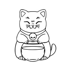outline drawing of cute maneki neko and aquarium