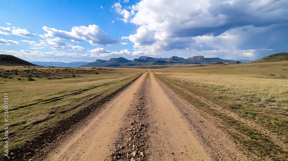Aufkleber dusty dirt road leading through open fields and mountains under a blue sky : generative ai
