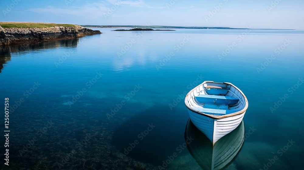 Poster serene light blue water with a small white boat floating calmly on the surface : generative ai