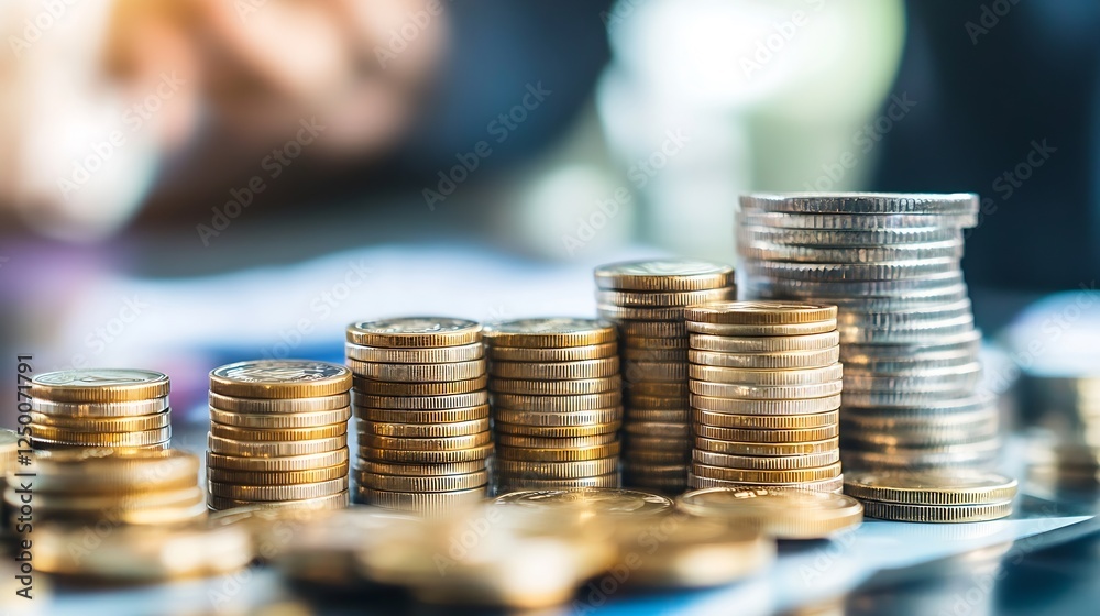 Aufkleber Stacks of shiny coins arranged in different heights on a well-organized surface representing finance and savings : Generative AI
