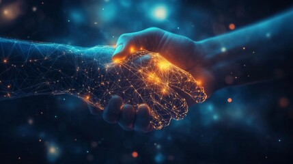 Abstract business partnership with glowing connection lines, symbolizing collaboration and innovation.