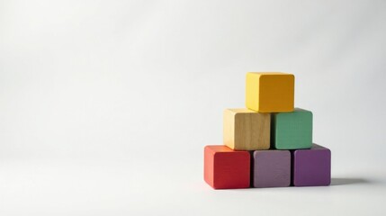 Fototapeta premium Colorful Wooden Blocks Arranged in a Pyramid Shape on a White Surface